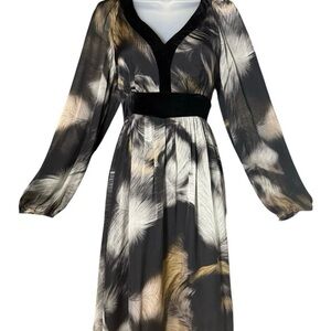 Anne Fontaine Black Maxi Dress with Cream and Tan Feather Print